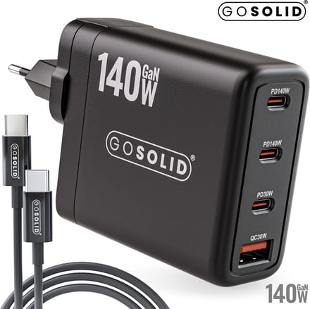 GO SOLID! Oplader 140W USB-C Voeding met 4 Poorten 3x USB-C, 1x USB-A Zwart