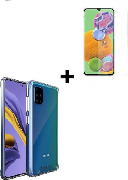 Geschikt voor Samsung Galaxy A41 Backcover Hard Case hoesje Transparant + Screenprotector Tempered Gehard Glas Pearlycase