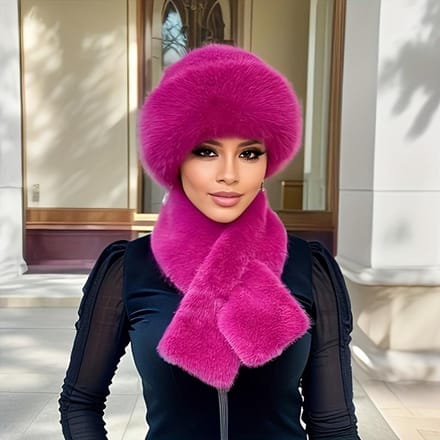 Ensemble bonnet et écharpe en fausse fourrure épaisse et chaude pour femme, 2 pièces/1 lot - Tricot en polyester, cache-oreilles d'hiver avec fermeture à pression, style mongol à la mode rouge rose