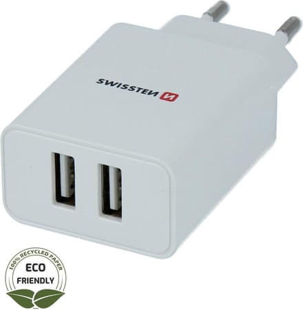 Swissten USB Oplader met 2 USB Poorten 2.1A - Wit - Duurzame verpakking
