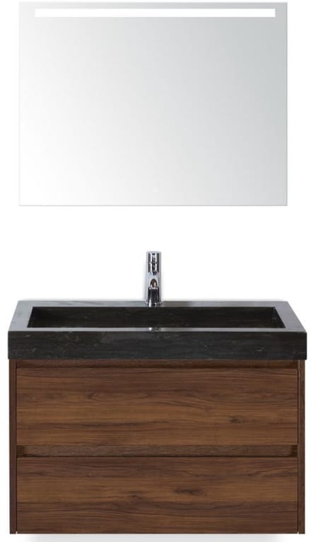 Dante Badmeubelset 80 cm - Walnoot - Wastafel Hardsteen Wit Lucca met Sence Spiegel