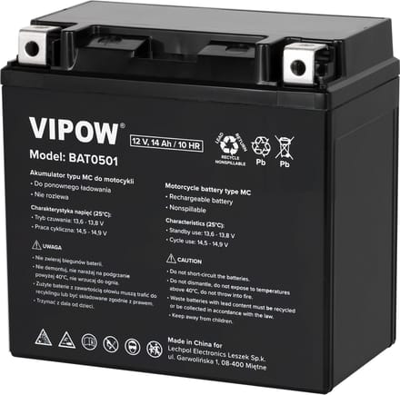 Vipow MC Serie - Motorfietsaccu - 12V - 14Ah - Snelle Oplaadtijd