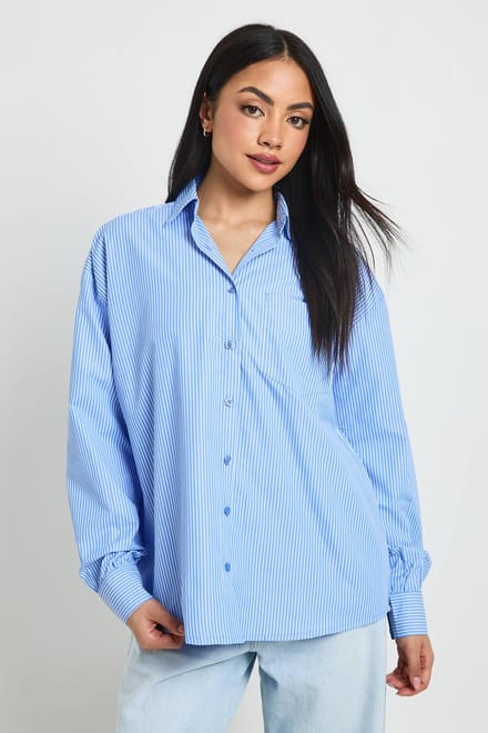 boohoo Dames Gestreept Poplin Oversized Overhemd | Blauw | Maat: 44