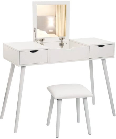 Kaptafel - Kaptafel met Spiegel - Dressoir - Make Up Tafel - 2 Laden - Met Kruk - Wit - 100 × 40 × 75 cm