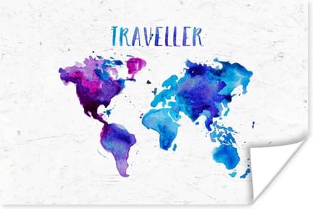 Poster - Wereldkaart - Spreuken - Aquarelverf - 120x80 cm