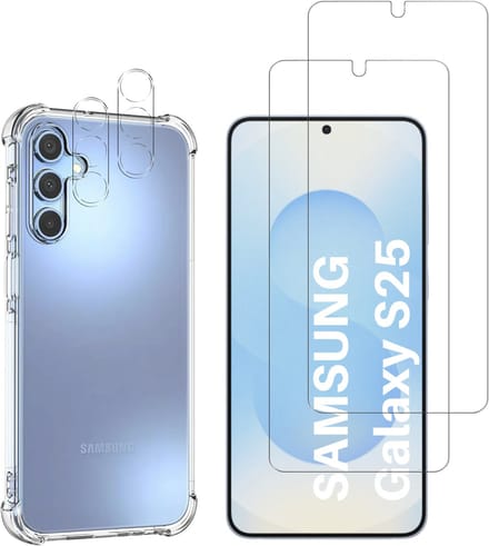Hoesje geschikt voor Samsung Galaxy S25 backcover Shockproof siliconen Transparant + 2 stuks Screenprotector Gehard Glas + 2 stuks Camera Protector