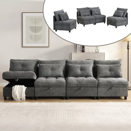 Sweiko Modulaire bank - 4-zits - Vrije combinatie - 4 kussens - Opbergruimte - Chenille - Grijs