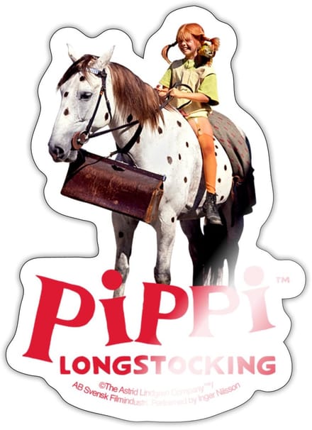 Pippi Longstocking Pippi Rijdt Op Kleine Witte Sticker Maat S (max. 10 x 10cm)