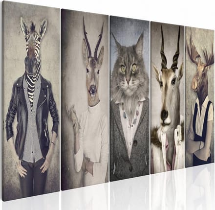 Schilderij - Dierenmasker , 5 luik , mens met dierenmasker