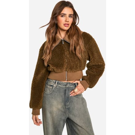 boohoo Dames Teddy Kunstbont Bomberjack | Tobacco | Maat: 8