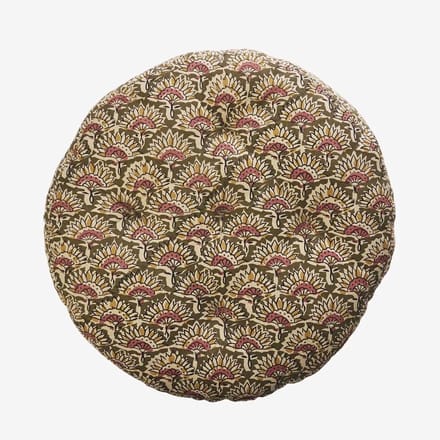Madam Stoltz - Rond stoelkussen met Indiase print - 45 cm - groen, roze, mosterd