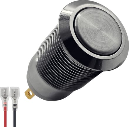 ProRide Metalen Mini Drukschakelaar 12V ON-OFF - 12mm - met Aansluitkabel - 12V/24V - Zilver - Plat
