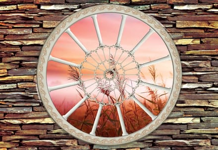 Fotobehang Stone Wall Flowers Field Nature Sunset | PANORAMIC - 250cm x 104cm | 130g/m2 Vlies