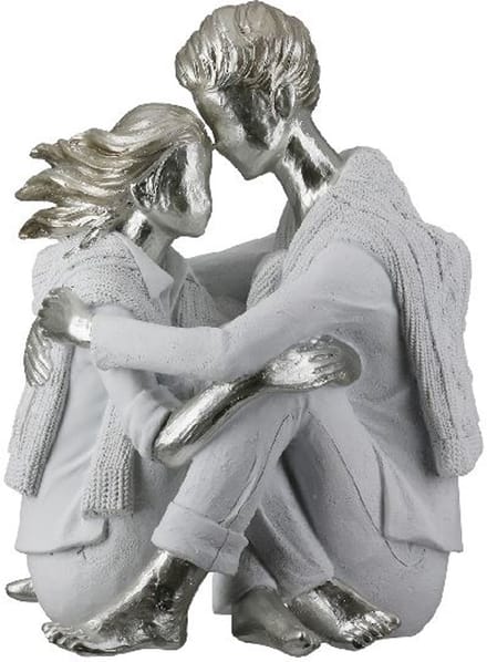 Sculptuur - Liefdespaar - Omhelzend - Geborgenheid - Zilver en Wit - Beeld - Polyresin