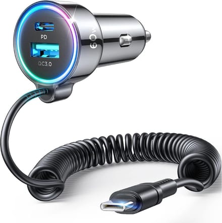 Autolader met Bedrade USB C Kabel 1.5 Meter - Snellader 72W - USB C en USB 3.0 - Joyroom