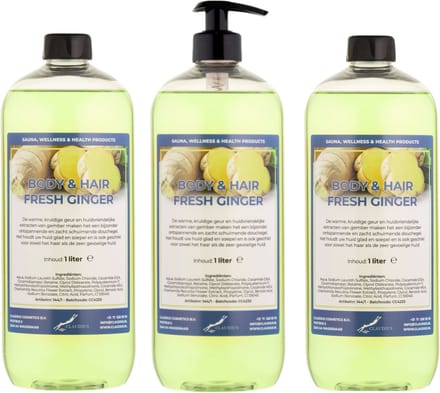 Body & Hair Fresh Ginger 1 Liter - met gratis pomp - set van 3 stuks - 2 in 1 voor lichaam en haar.