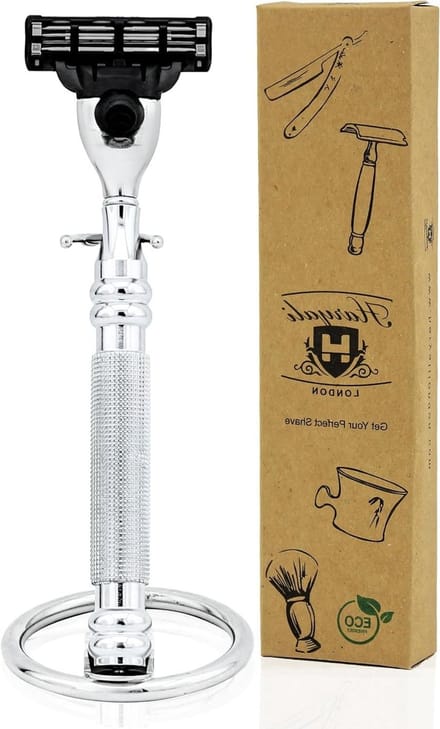 Scheermes en Standaard - Scheeraccessoires - Natte Scheerbeurt - Triple Edge Compatibel - 14cm Scheermes - Zilverkleurig