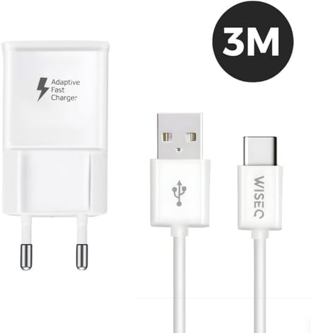 WiseQ Snellader USB C - Geschikt voor Samsung - 18W Fast Charger - Inclusief USB C Kabel 3 Meter - Wit
