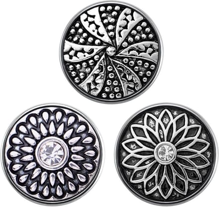 Quiges - Chunk 18mm Click Button Drukknoop Set van 3 Stuks Zilverkleurig Mandala Bloemen - EBCMSET020