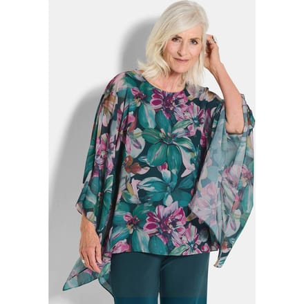 Blouseshirt met drapering van chiffon - smaragd / gedess. - Gr. 24 van Goldner Fashion