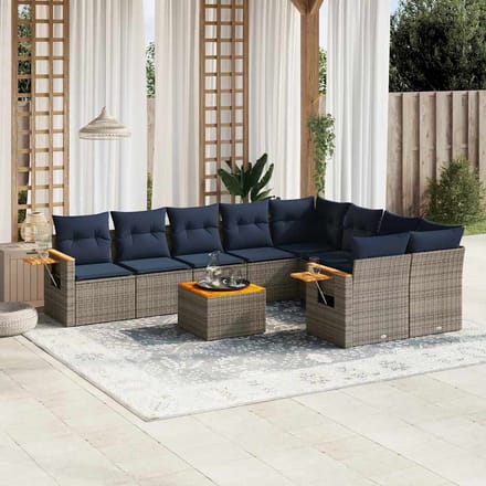 vidaXL - 10-delige - Loungeset - met - kussens - poly - rattan - grijs