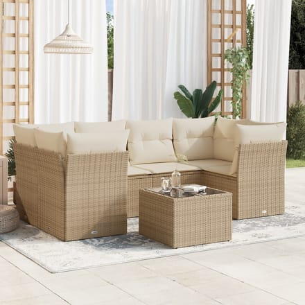 vidaXL - 7-delige - Loungeset - met - kussens - poly - rattan - beige