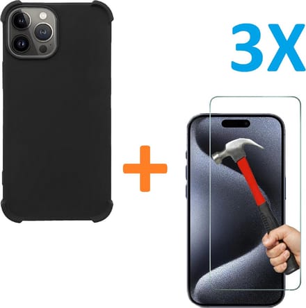 Shock-proof silicone hoesje met 3 Pack Tempered glas Screen Protector - zwart - Geschikt voor: iPhone 15 Pro Max