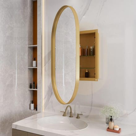 Élégant miroir ovale avec armoire intégrée, armoire murale avec structure métallique, finition dorée
