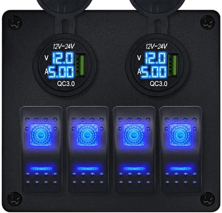 ProRide Schakelpaneel 12V voor Auto/Boot - USB Stopcontact met Voltmeter/Ampèremeter - QC3.0 - 4 schakelaars