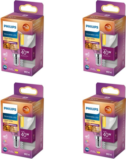 Philips Voordeelverpakking - E14 - LED Kogellamp - Helder - 40W - Dimbaar - Warmwit Licht - Set van 4 Stuks