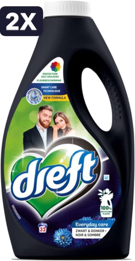 2 x Dreft Vloeibaar Wasmiddel Zwart & Donker 32 Wasbeurten 1,6 liter