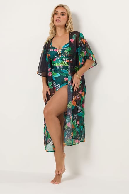 Yours Zwarte Middellange Kimono Met Tropische Print Size 54-56