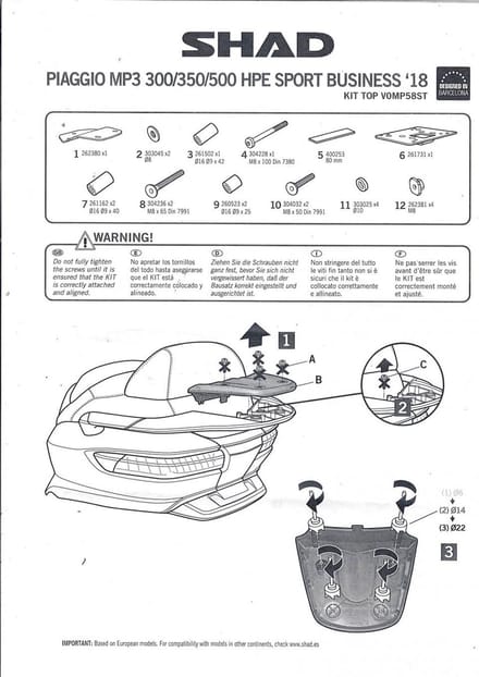 Support de top case Shad pour Scooter Piaggio 300 MP3 HPE 2018 à 2019 Top Master V0MP58ST Neuf