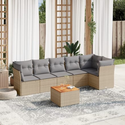 vidaXL - 7-delige - Loungeset - met - kussens - poly - rattan - beige