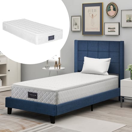 MODFU Bedframe 90x200 cm van linnen, gestoffeerd met hoog hoofdbord, blauw