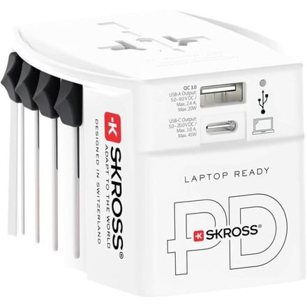 Skross - Wereldreisadapter MUV PRO 2-polig + 1 USB Snellader + 1 Type C 2500 mA Wit