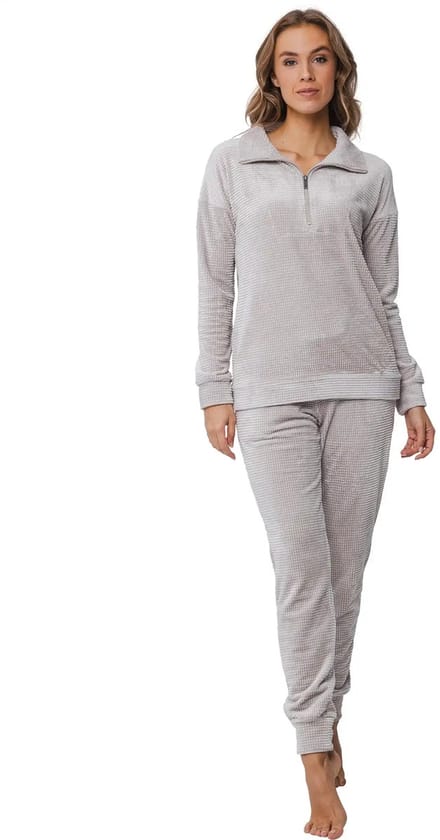 Pastunette Warm velours huispak - Modern brown - Warm 2-delig pyjama pak fleece - 48 - Creme
