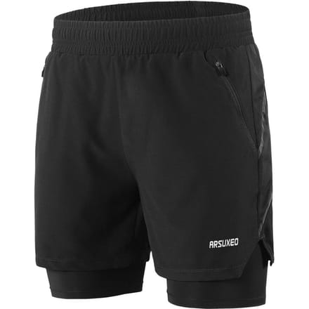 Heren 2 in 1 hardloopshorts, sneldrogend, ademend, actieve trainingsoefening S zwart