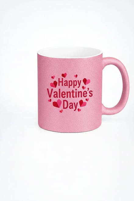 Roze Glitter Valentijn Mok met Hartjes - 'Happy Valentine's Day' Cadeau Beker