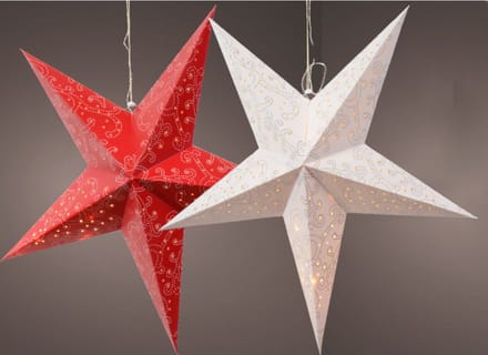 Verlichte kerststerren - 2x st - wit en rood - 60 cm - papier - op batterijen