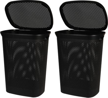 Bathroom Solutions Wasmand - Set van 2x stuks - zwart - 60 liter - 37 x 46 x 60 cm - met deksel