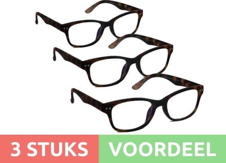 Computer bril - tortoise rechthoekig sterkte +3.0 - 3 stuks - blauw licht filter - blue blocker leesbril