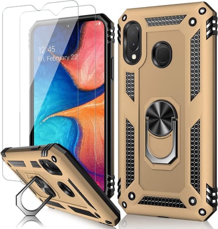 Hoesje Geschikt Voor Samsung Galaxy A20E Hoesje kickstand Armor case Goud Met screenprotector 2 pack