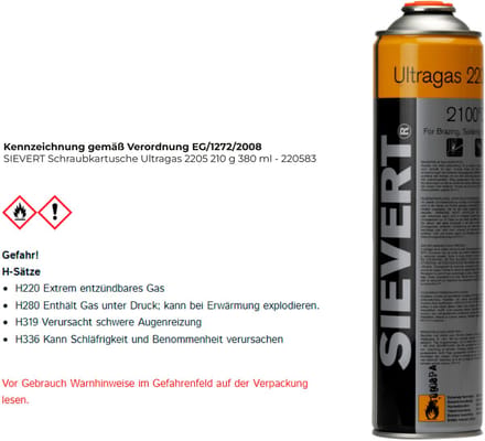 "Sievert 220583 Gaspatroon ultragas EU (7/16"") 210G - 380ml"