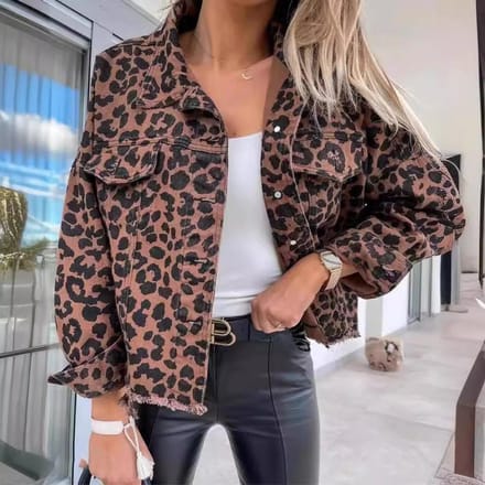 Nouvelle veste en jean printemps et automne imprimé léopard à manches longues, veste courte ample et décontractée XL black