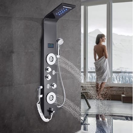 Hydromassagedouchekolom met LED 6 functies Regendouche Handdouche Hydromassage-uitloop achteraan en geborstelde doucheset met airbrush