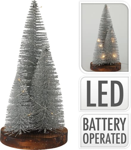 Kerstbomen 30cm op voet LED met timer - Zilveren decoratie speelgoed.
