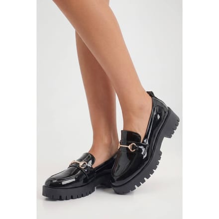 boohoo Dames Gelakte Chunky T-bar Loafers | Black | Maat: 3