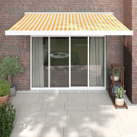 vidaXL - Uitschuifbare - luifel - Geel - en - Wit - met - Witte - Frame - 3,5 - x - 2,5 - m