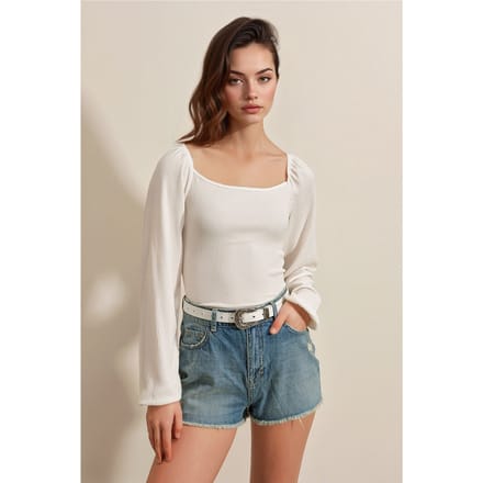 Aansluitende Textuur Blouse met Vierkante Kraag en Rimpeldetails